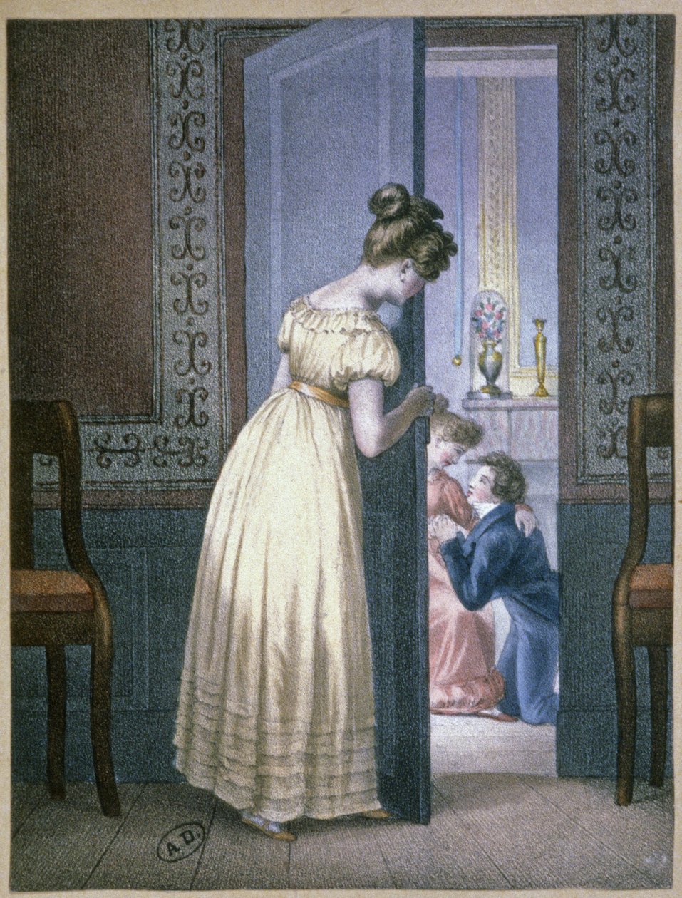 Flicka lyssnar på två älskandes privata samtal, ca 1820 (gravyr) av Unbekannter Künstler