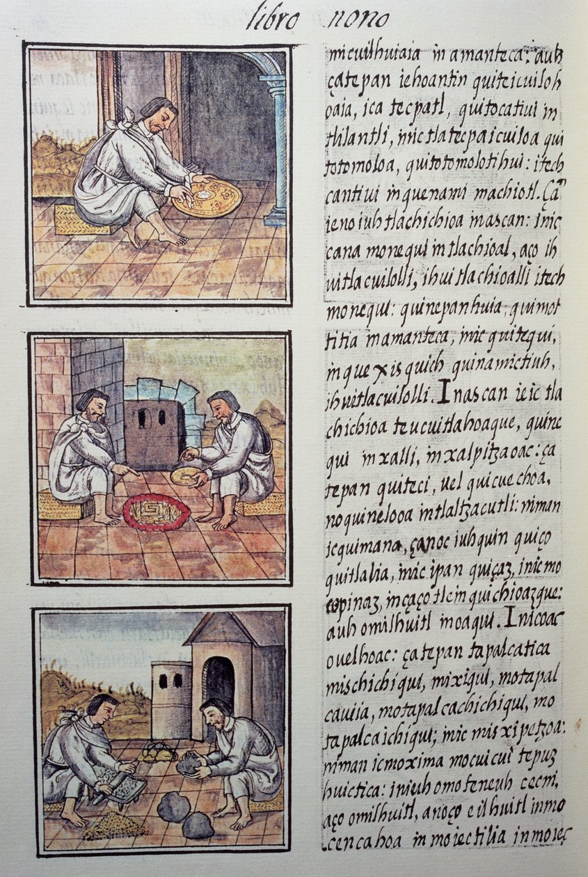 Guldbearbetning efter den spanska erövringen, sida från den florentinska kodeksen, General History of the Things of New Spain, av den spanska missionären Fray Bernardino de Sahagun (1499-1590). Aztekisk civilisation av William M. Timlin