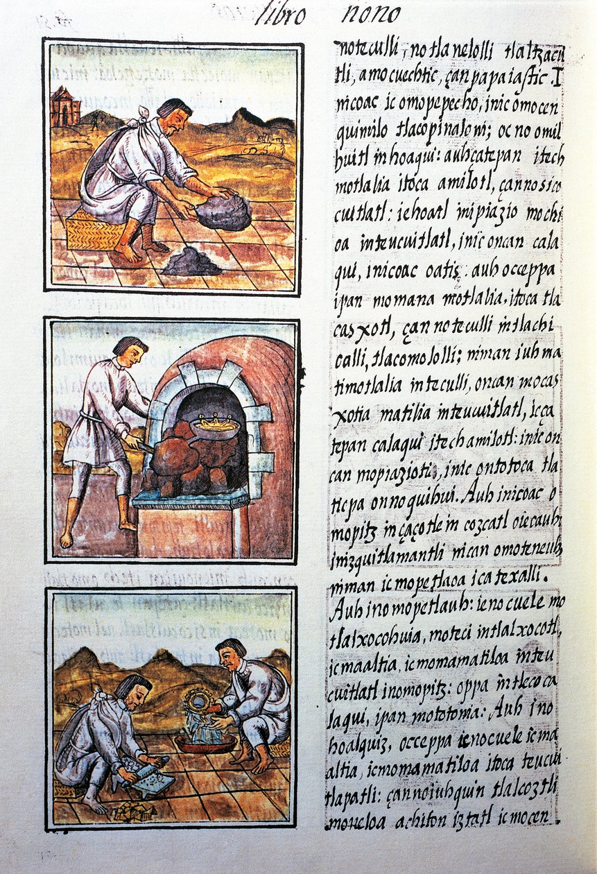 Guldbearbetning av spanska, text på Nahuati, från faksimil av manuskriptet General History of Things of New Spain, även känd som Florentine Codex, av Bernardino de Sahagun av Benjamin Baud