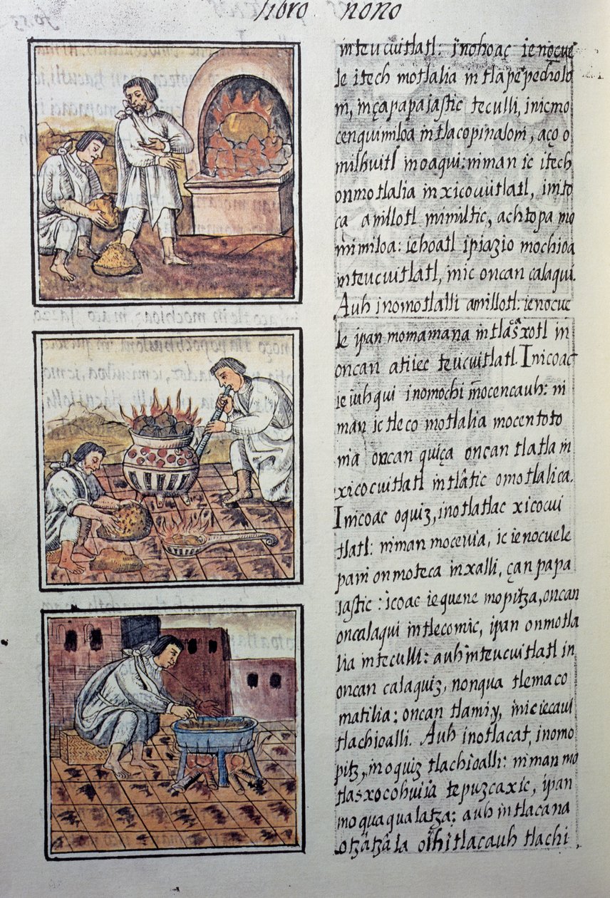 Guldproduktion av spanjorerna, sida från den florentinska Codex, tvåspråkig version på spanska och Nahuatl, General History of the Things of New Spain, av den spanske missionären Fray Bernardino de Sahagun. Aztekisk civilisation av William M. Timlin