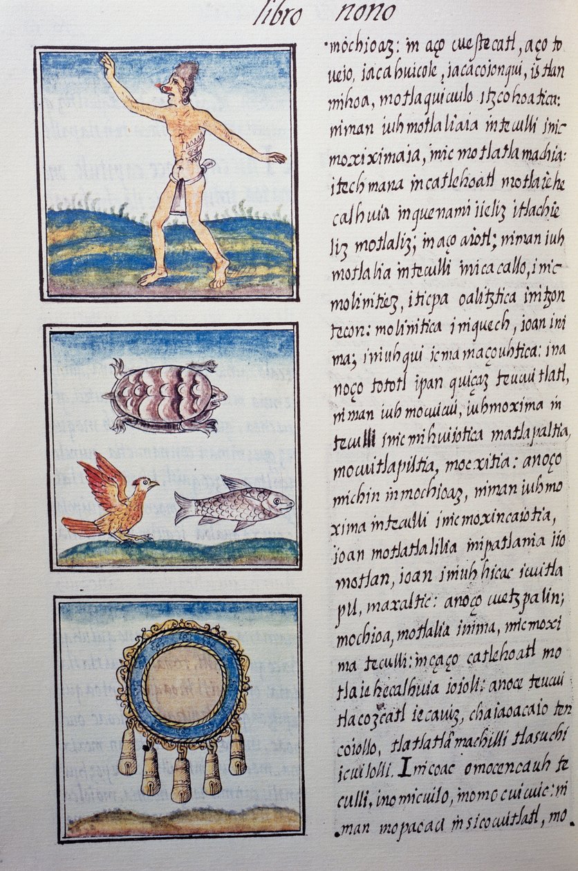 Goldsmith, sida från den florentinska Codex, tvåspråkig version på spanska och Nahuatl, Allmän historia om det nya Spaniens saker, av den spanska missionären Fray Bernardino de Sahagun (1499-1590). Aztekisk civilisation av William M. Timlin