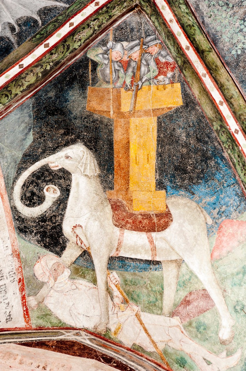 Gotisk fresk; Eleazar Awaran dödar krigselefanten Soliman och krossas den; 3. Kloster; Katedral; Brixen; Sydtyrolen; Italien; Europa av Unbekannt