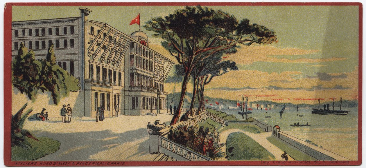 Grand Hotels: exteriör vy av Therapia Summer Palace i Konstantinopel i Turkiet - Karta över en serie som presenterar hotellen i "Compagnie Internationale des Grands Hotels", sent 1800-tidigt 1900-tal av William M. Timlin