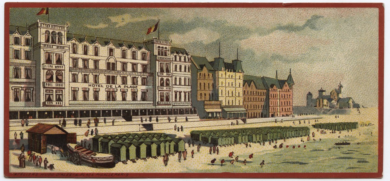 Grand Hotels: exteriör vy av Hotel de la Plage i Oostende, Belgien - Karta över en serie som presenterar hotellen i "Compagnie Internationale des Grands Hotels", sent 1800-tidigt 1900-tal av William M. Timlin