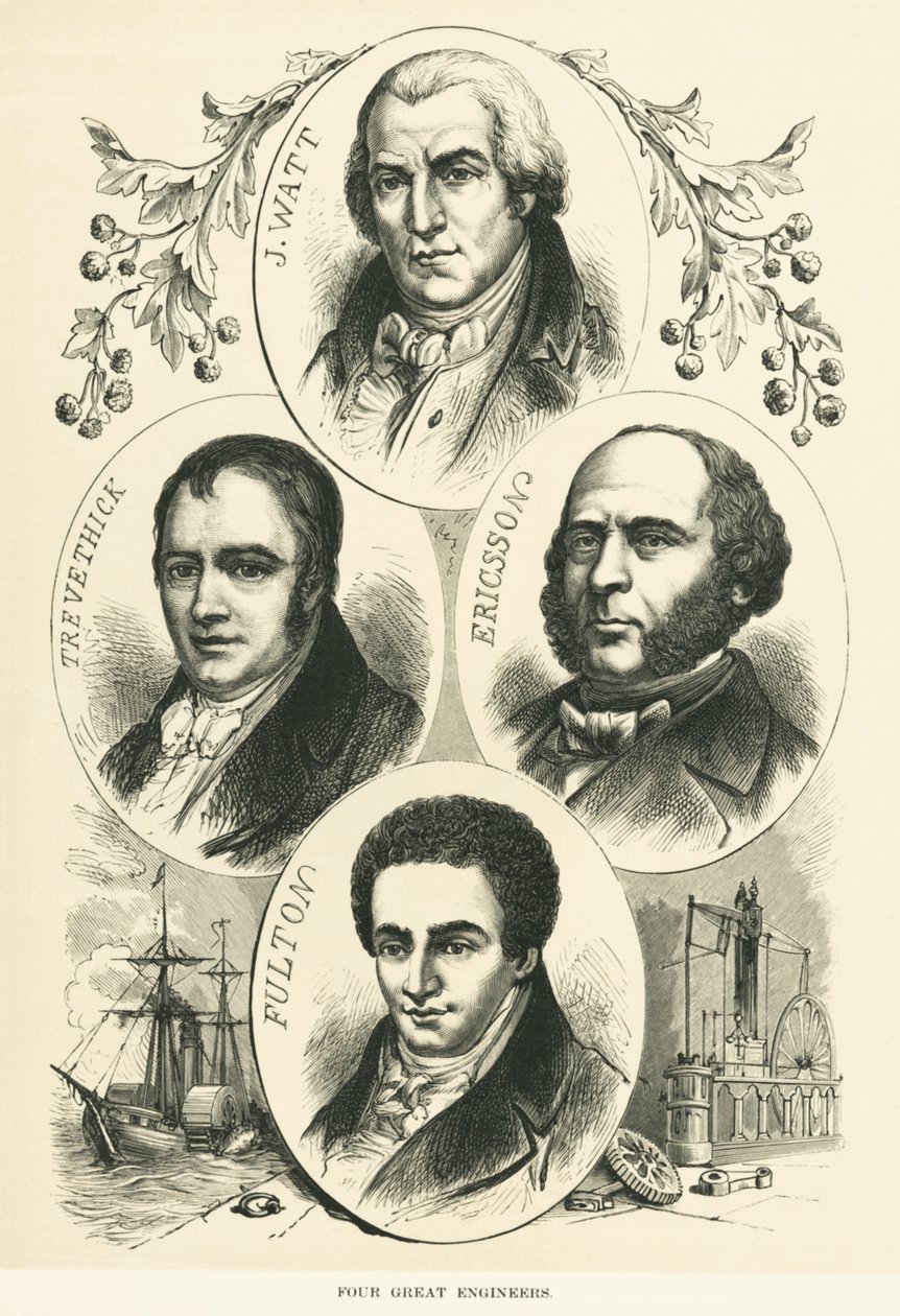 Stora ingenjörer och uppfinnare: James Watt, John Ericsson, Robert Fulton, Richard Trevithick, , c.1880 (s/v foto) av Unbekannt