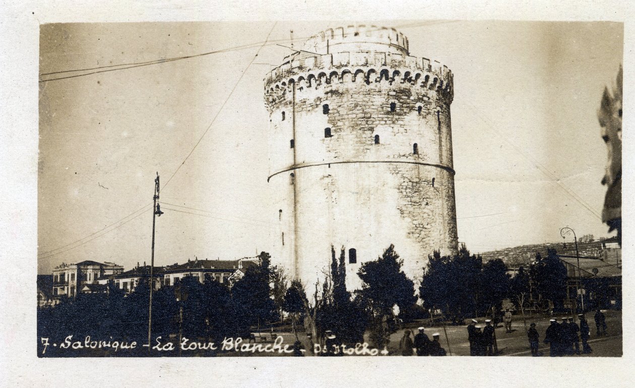 Grekland, Saloniki (eller Thessaloniki): utsikt över Vita tornet - Vykort 1914-1918 av William M. Timlin