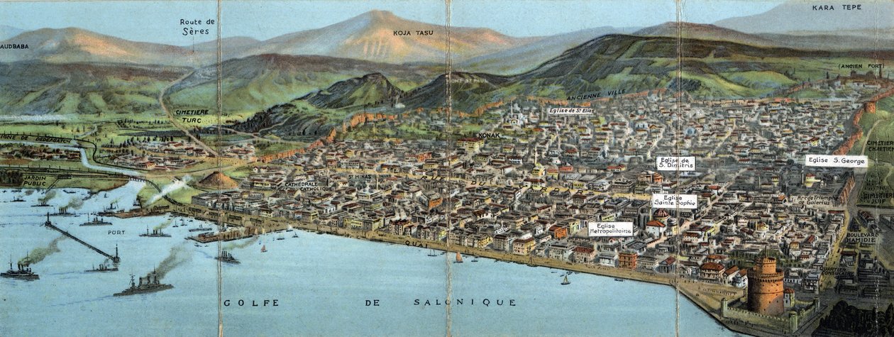 Grekland, Saloniki (eller Thessaloniki): utsikt över staden och viken - Vykort 1914-1918 av William M. Timlin