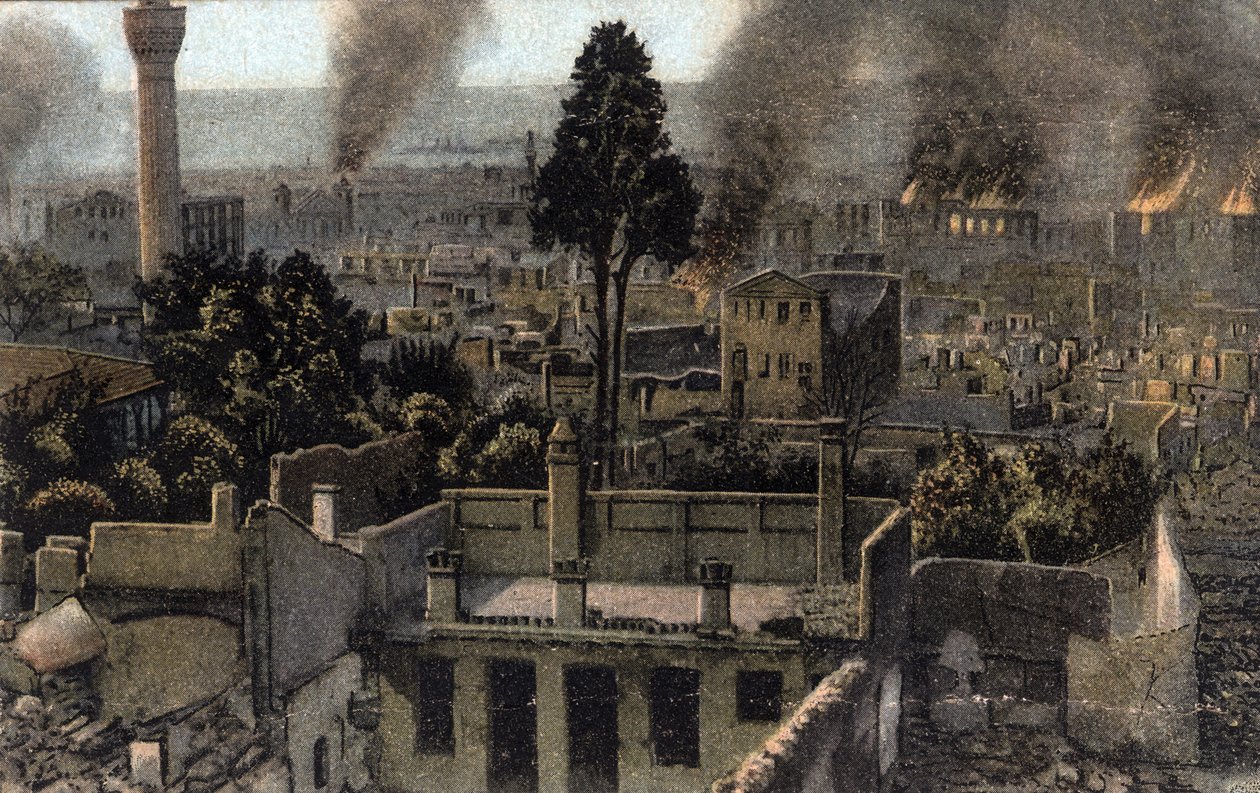 Grekland, Saloniki (eller Thessaloniki): utsikt över den övre staden delvis bränd, troligen under branden 1917 - Vykort 1914-1918 av Unbekannter Künstler