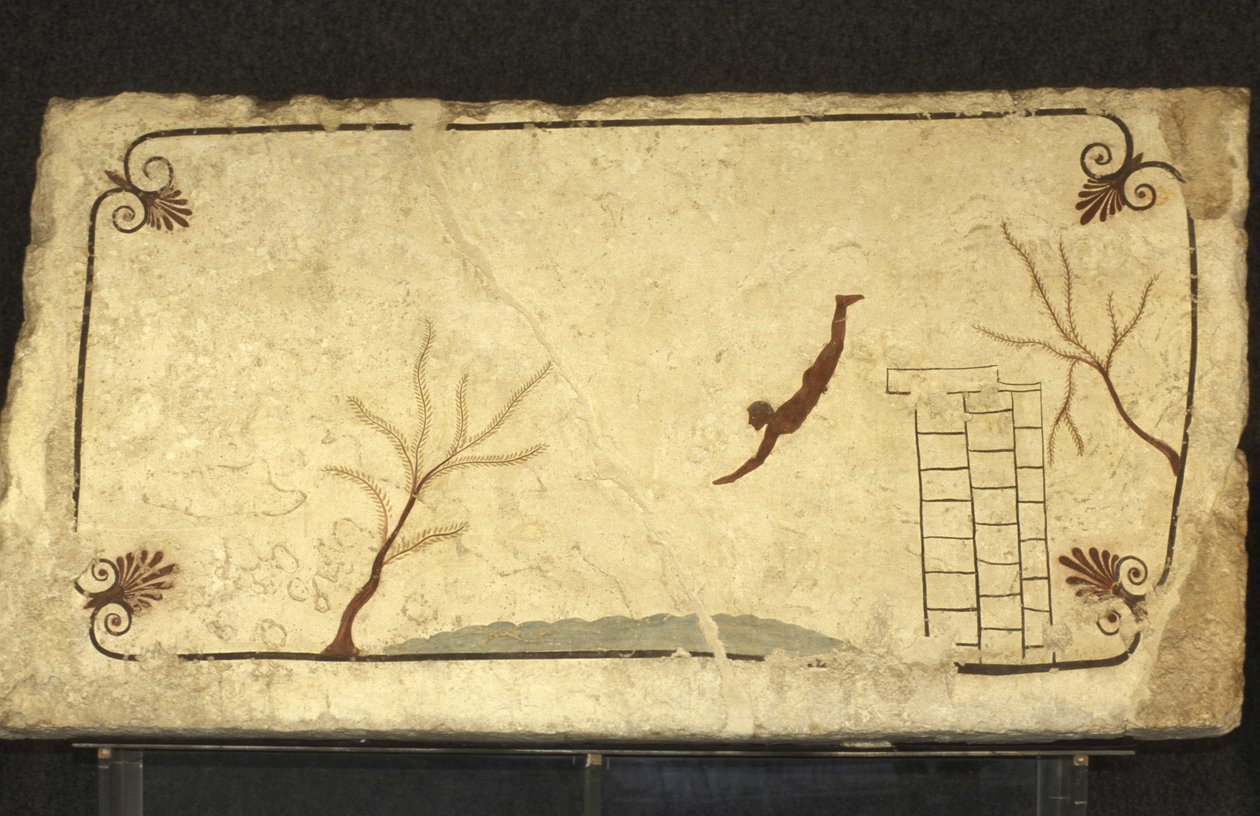 Grekisk konst: Fresko av dykarens grav, Paestum, regionen Campagnie, Italien. Tomba del Tuffatore, väggmålning, Paestums arkeologiska park, Kampanien, Italien av Unbekannter Künstler