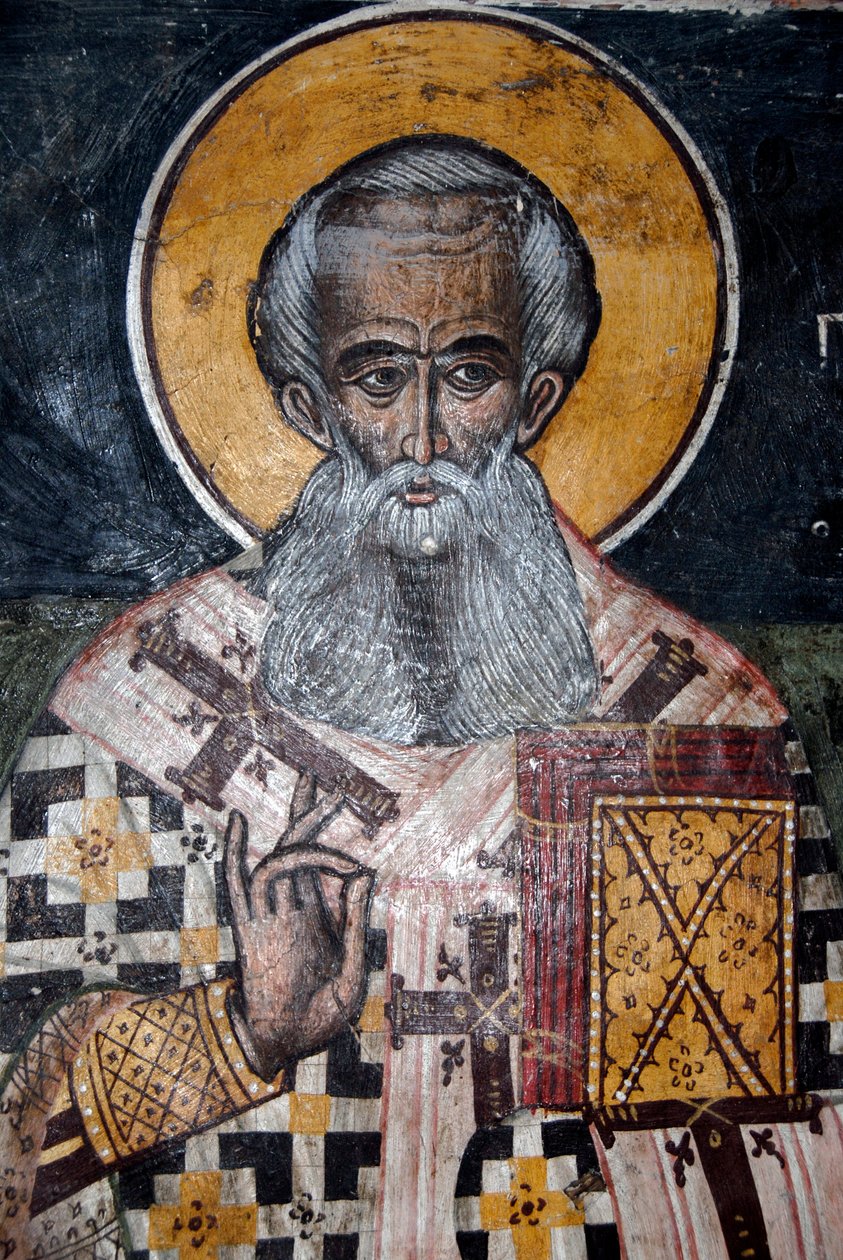 grekisk-ortodox kristendom; gamla bysantinska fresker; väggmålning av biskop Nicholas; Agios Nikolaos kyrka i Petra; Lesbos; Egeiska havet; Grekland; Europa av Unbekannt