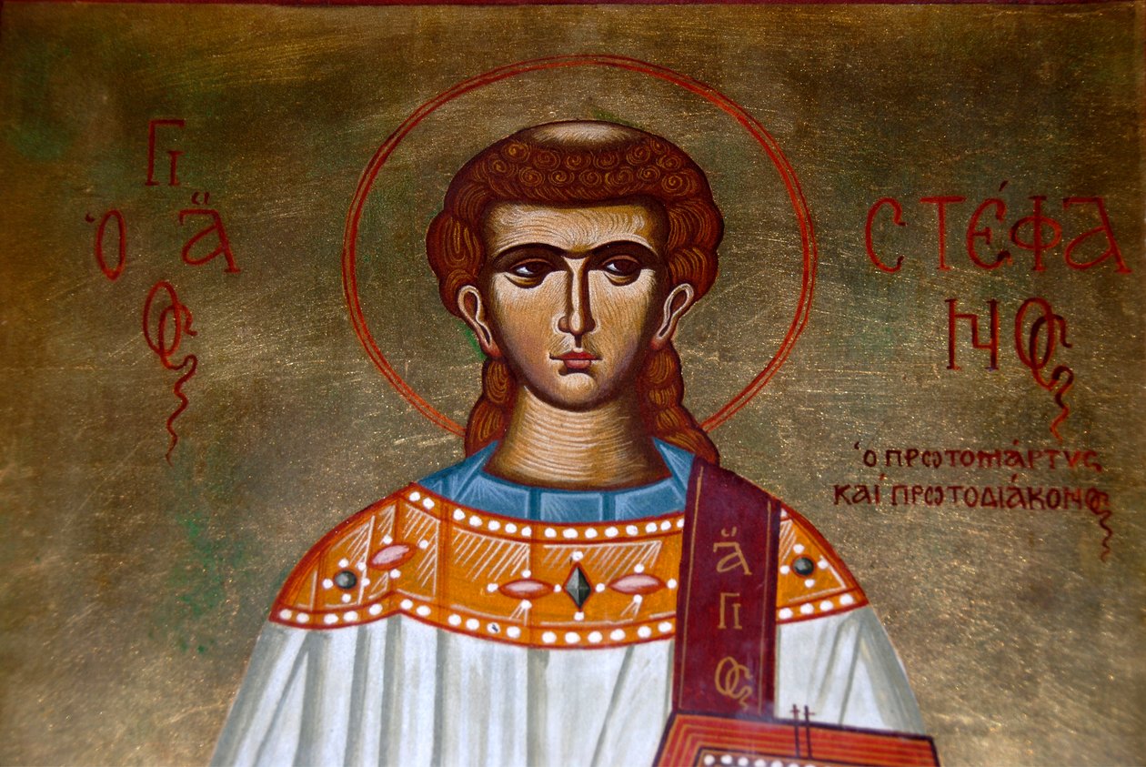 grekisk-ortodox kristendom; ikon av Saint Stefanos i kyrkan Agios Stefanos; Lesbos; Egeiska havet; Grekland; Europa av Unbekannt