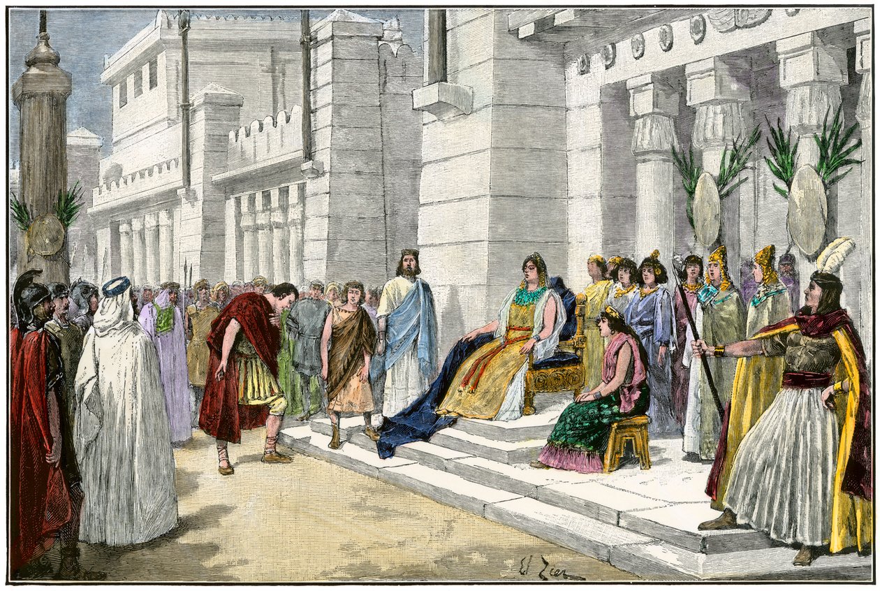 Grekisk och romersk mytologi: Didon (eller Elisha eller Elissa), legendarisk grundare och första drottning av Kartago (Tunisien), får Enee, hjältarna från det trojanska kriget och grundare av Lavinium, ursprungligen från Rom (Italien) - Kolorisgravyr 1800- av Unbekannter Künstler