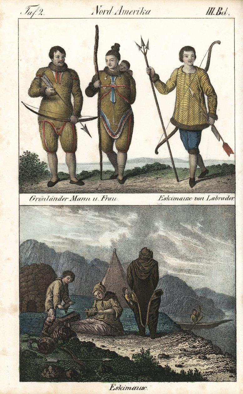 Grönlandsbor med skinn och en inuit från Labrador (Kanada) med en treudd. Nedan visas en vardagsscen med en inuitfamilj framför en igloo, ett tält och en kanot, Nordamerika. Litografi för boken: "Galerie complete en tableaux fideles des av Unbekannter Künstler