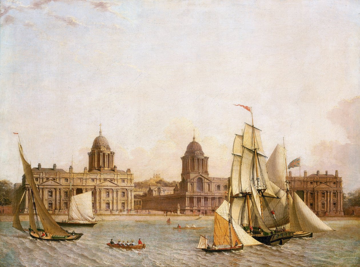 Greenwich Hospital (England), från Isle of Dogs (norra stranden av Themsen), med navigering av olika båtar på floden. Olja på duk, ca 1830-1840 av Unbekannter Künstler