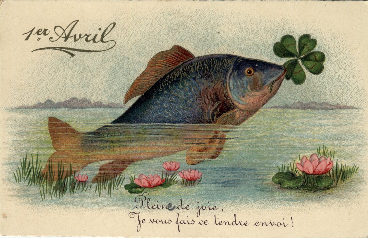 Gratulationskort för 1 april: fisk med en fyrbladig trefle - Vykort sent 1800- och 1900-tal av William M. Timlin