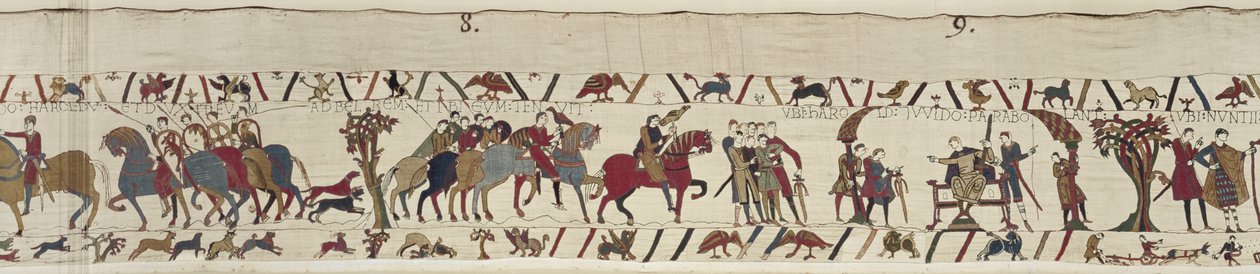 Guy of Ponthieu tar Harold som fånge till slottet Beaurain, Bayeux Tapestry (ullbroderi på linne) av Unbekannt