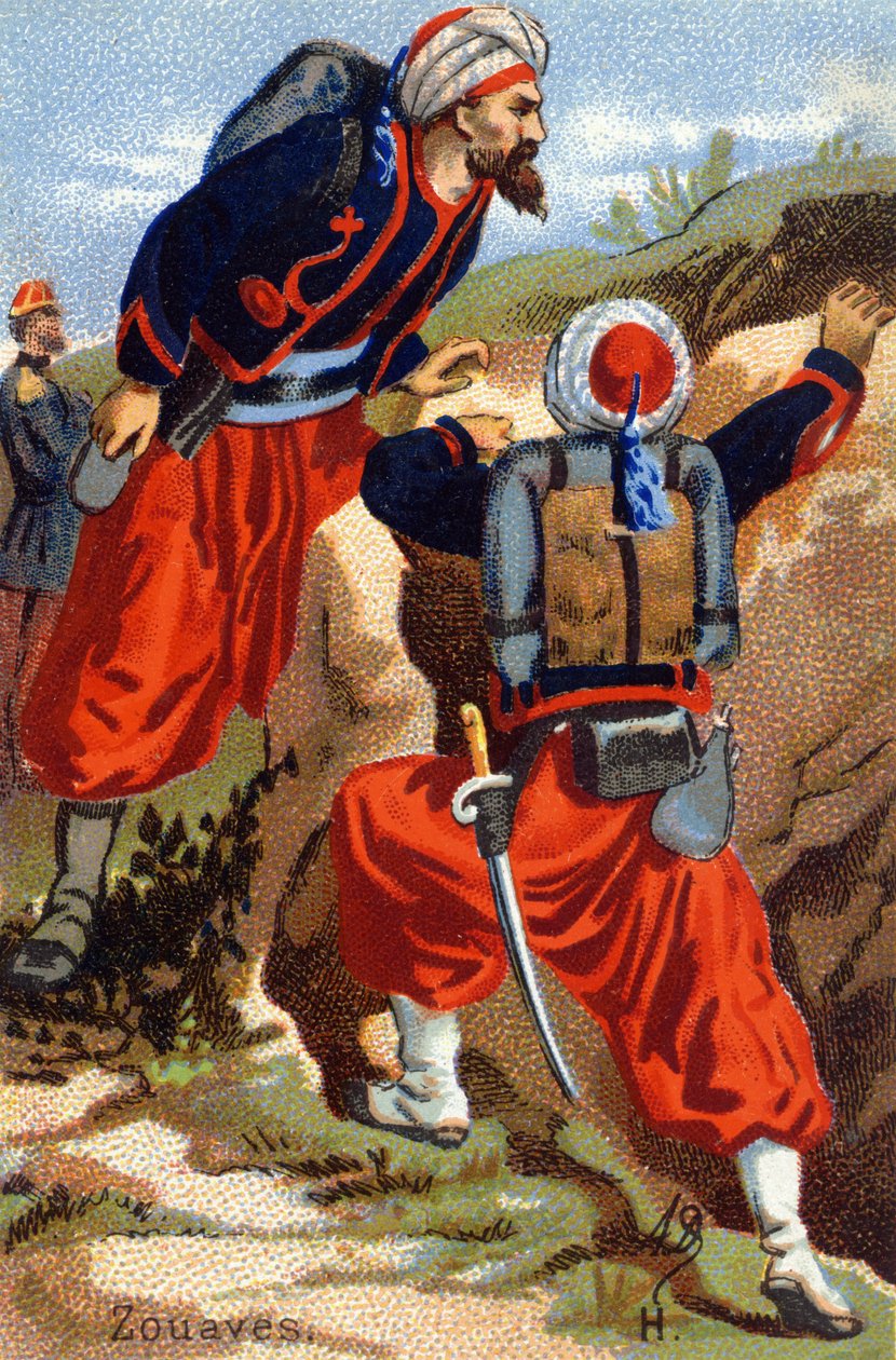 H: Zouaver. Gravyr i "Militäralfabetet". Illustratörens initialer: A. D. Okänd utgivare. Kromolitografier från slutet av 1800-talet. Mått: 10,5x7 cm. av Unbekannt
