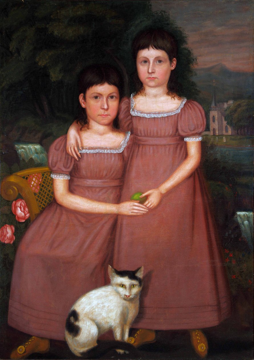 Systrarna Hamilton med katt 1825 (olja på duk) av Unbekannter Künstler