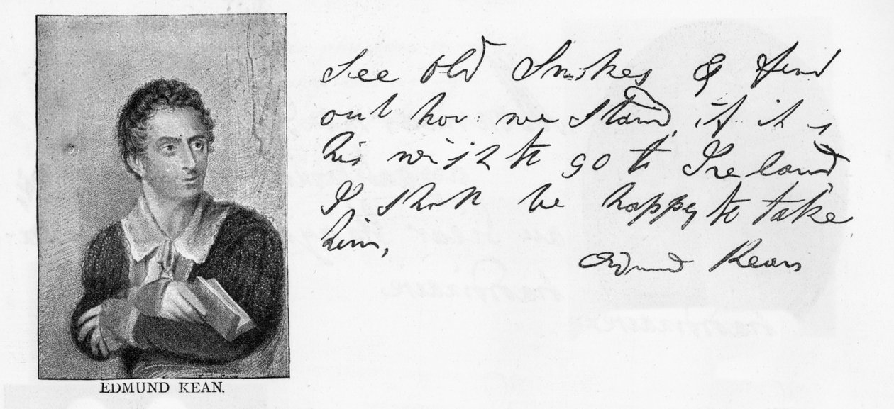 Handskrift och signatur av Edmund Kean (penna och bläck på papper) av Unbekannt