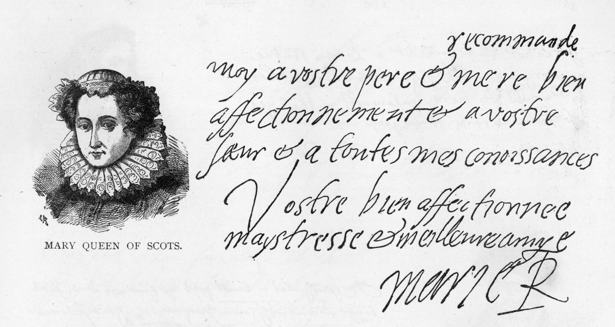 Handskrift och signatur av Mary Queen of Scots från ett brev skrivet när hon satt i fängelse i Sheffield till hennes guddotter, Elizabeth Pierrepoint av Unbekannt