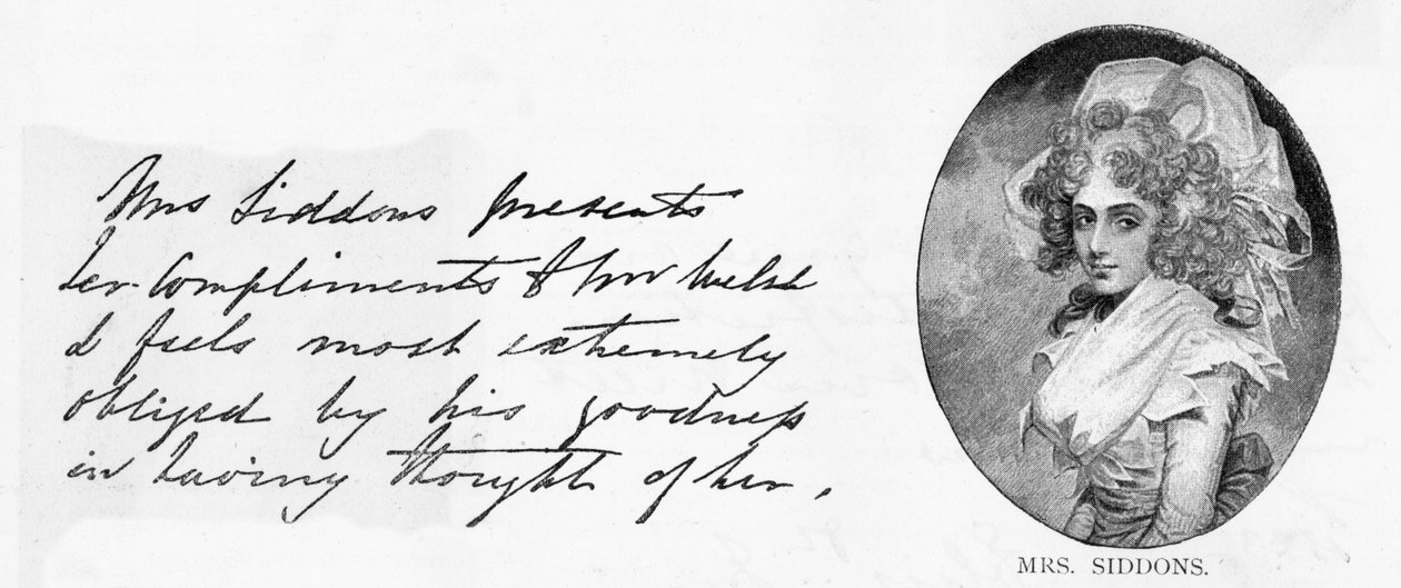 Mrs Siddons handskrift och signatur (penna och bläck på papper) av Unbekannt