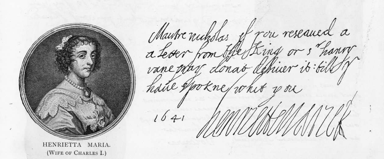 Drottning Henrietta Marias handstil och signatur av Unbekannt