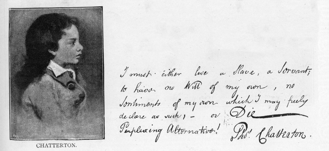 Handskrift och underskrift av Thomas Chatterton från ett brev skrivet till William Barrett som svar på Barretts remonstrationer mot Chattertons avsikt att begå självmord av Unbekannt