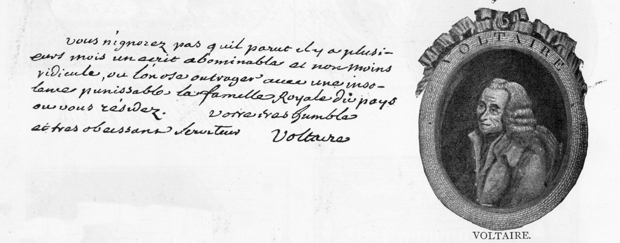 Voltaires handstil och underskrift, från ett brev skrivet i Colmar till den franske ministern vid Fredrik den Stores hov i Berlin, Chevalier de la Touche, 3 mars av Unbekannt