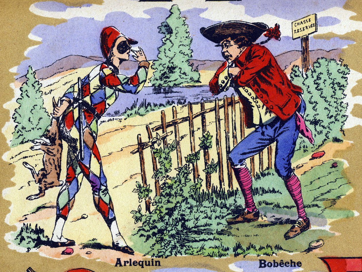 Harlequin och Bobeche . Illustrerat alfabet. Bilder återförenades i Jarville-Nancy, början av 1900-talet. Mått: 40 x 29 cm. Litografi på en bistre bakgrund av William M. Timlin