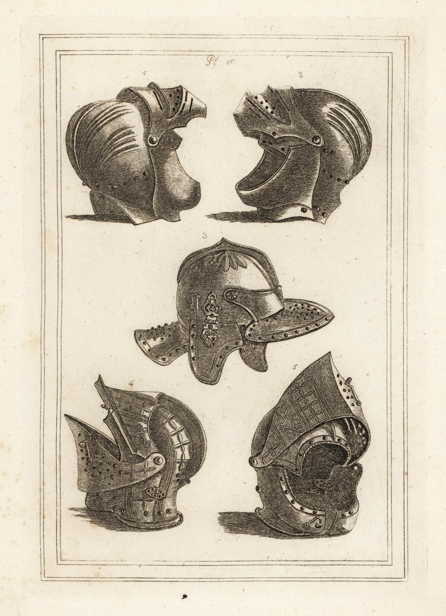 Hjälm från John de Courcy, Earl of Ulster 1,2, Oliver Cromwells huvudstycke 3, lutande hjälm 4,5 av Unbekannt