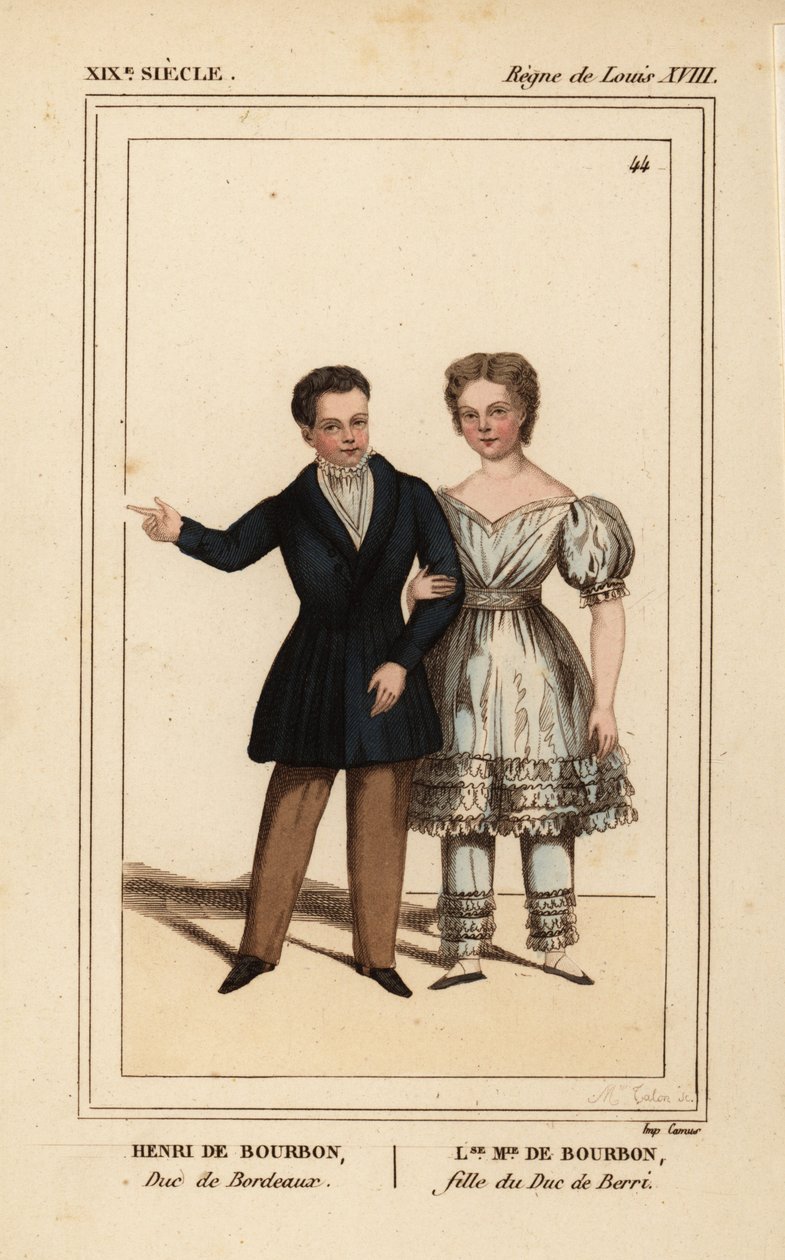 Henrik, greve av Chambord, hertig av Bordeaux 1820-1883 och Louise Marie Therese av Artois, dotter till hertigen av Berry 1819-1870. Handkolorerad litografi av Madame Calon från Le Bibliophile Jacob aka Paul Lacroix Costumes Historique de la France (Histor av Unbekannter Künstler