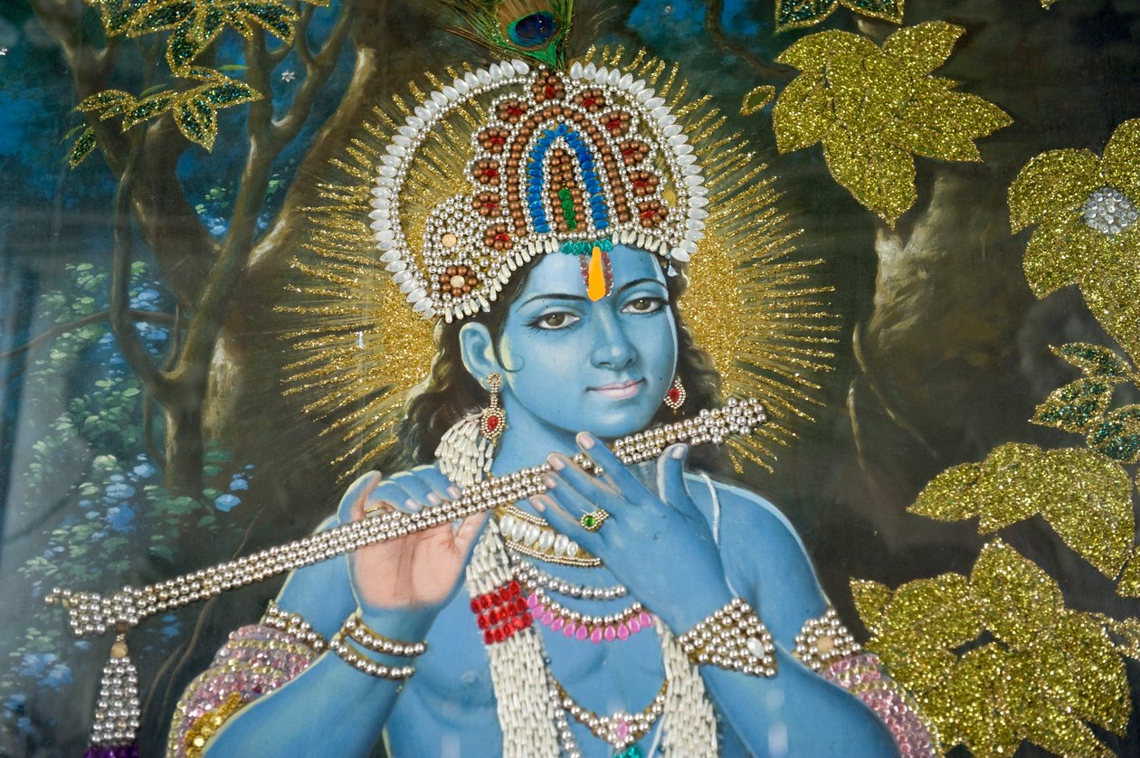 hinduism; målning av Lord Krishna med flöjt; Durgiana Mandir Vishnu-templet; Amritsar; Punjab; Indien; Sydasien; Asien av Unbekannt