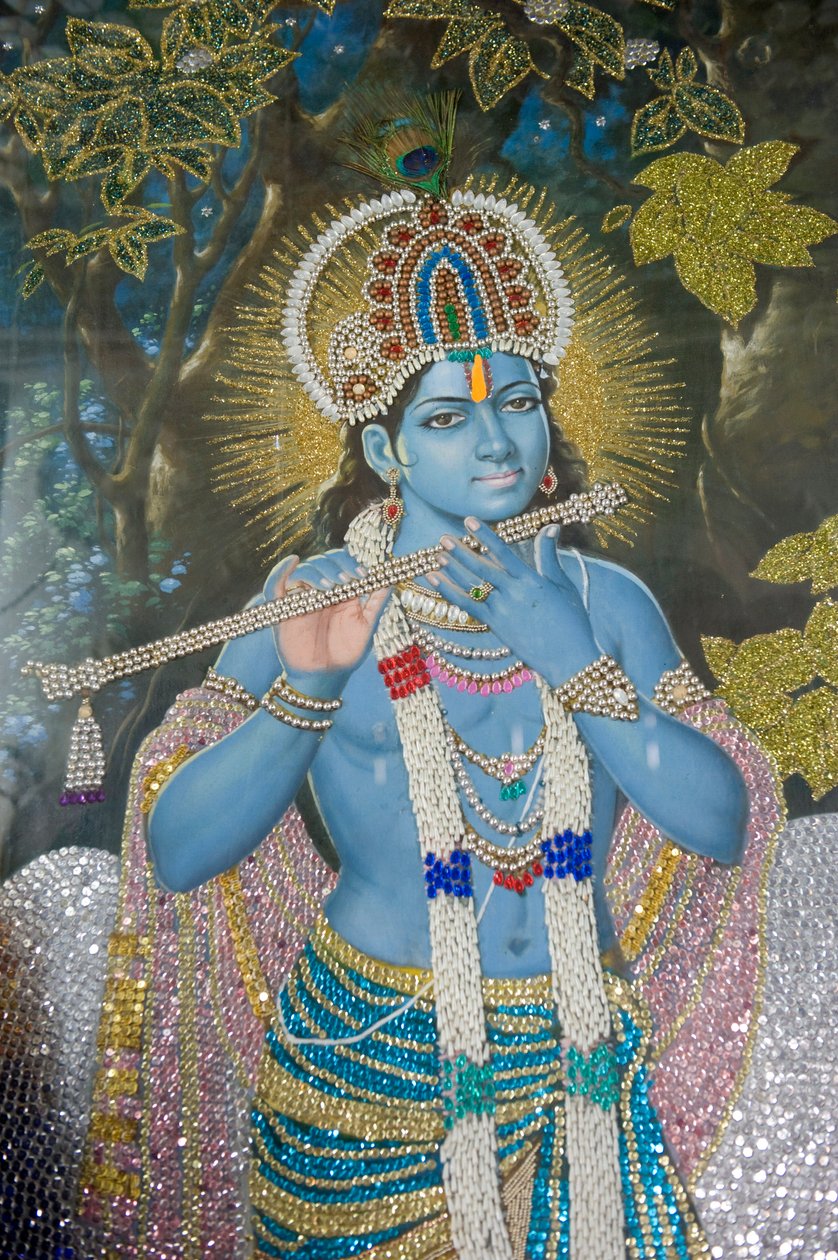hinduism; målning av Lord Krishna med flöjt; Durgiana Mandir Vishnu-templet; Amritsar; Punjab; Indien; Sydasien; Asien av Unbekannt