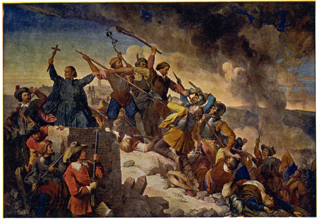 Histoire. Tjeckien (Böhmen). Trettioåriga krig. Försvar av Prag framför den svenska armén ledd av Hans Christoff von Königsmarck, 25 juli av Unbekannter Künstler