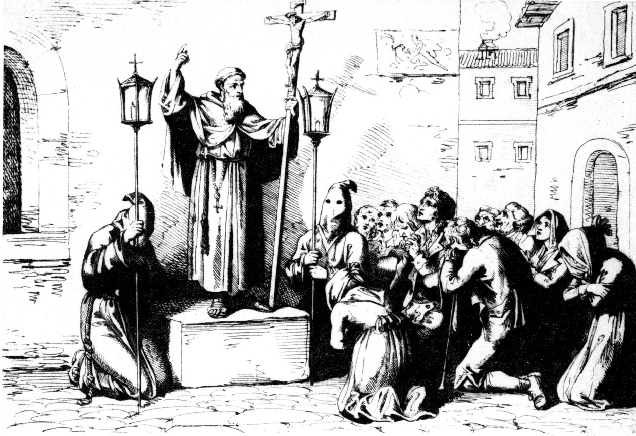 Det antika Roms historia. En munk predikar för folket på ett torg i Rom. Bartolomeo Pinelli gravyr XIX-talet av Unbekannt