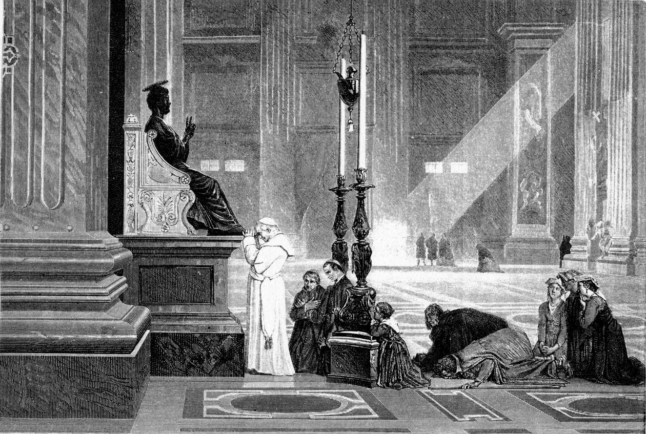 Det antika Roms historia. Påven Pius IX i bön framför statyn av St Peter i Vatikanbasilikan Gravyr G.Laplant 1867 av Unbekannt