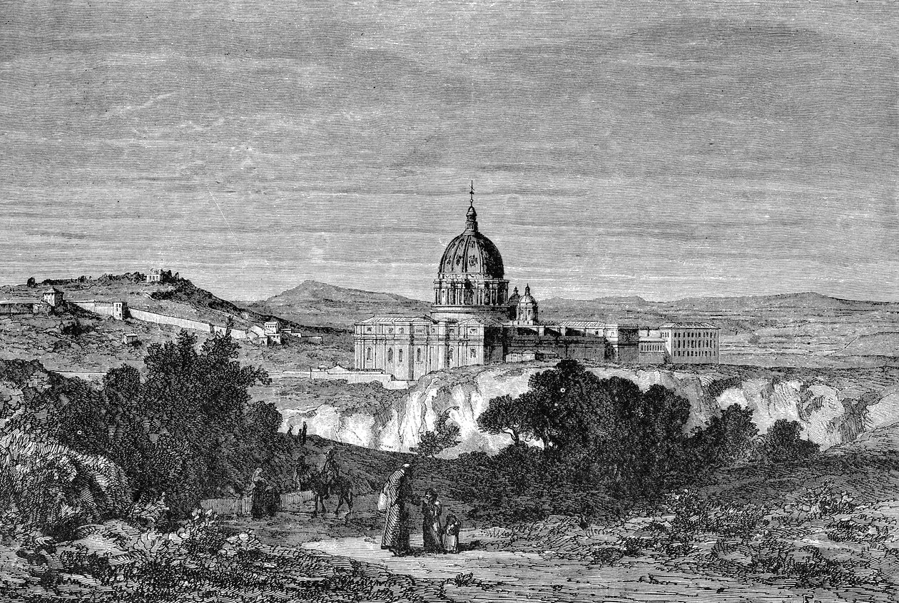 Det antika Roms historia. Rom gravyrer av Peterskyrkan 1872 och Vatikanens palats av Unbekannt