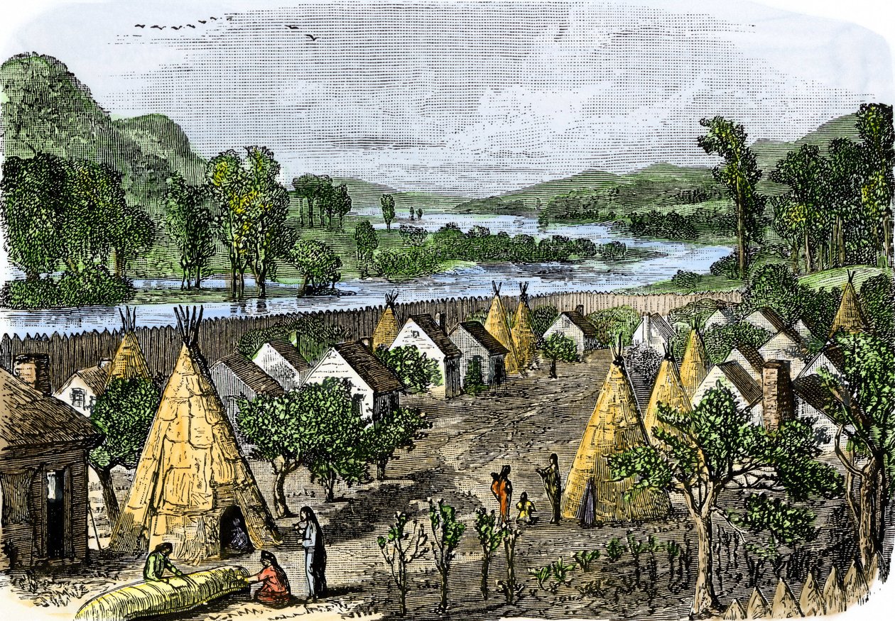Ursprungsbefolkningens historia: Mohawk Village, New York, cirka 1780. Färgrik gravyr från 1800-talet. av Unbekannter Künstler