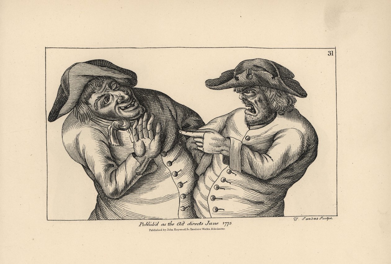 Hodge och Roaf anklagar varandra för att ha lämnat en kruka med piss i stället för en kanna med öl. Kopparstick av Thomas Sanders efter en satirisk illustration av Timothy Bobbin (John Collier) (1708-1786) från Human Passions Delineated, John Haywood, Manc av Unbekannter Künstler