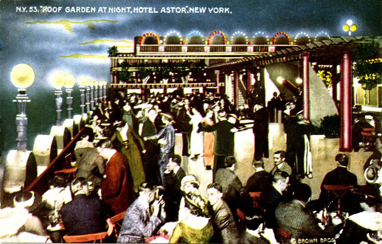 Hotel Astor, New York City - takträdgård på natten av Unbekannter Künstler