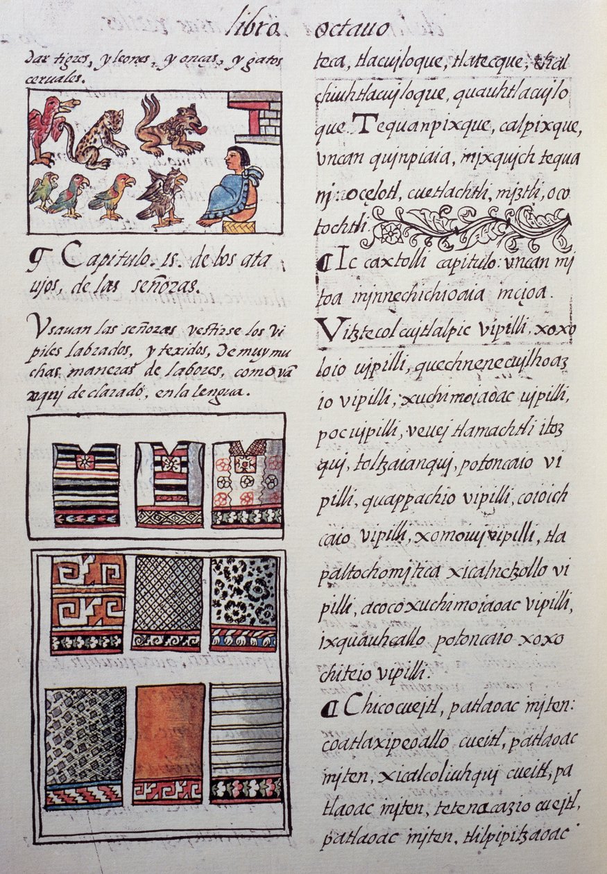 Huipil, kvinnligt plagg som bärs av adeln med broderade blusar, bok VIII av Florentine Codex, General History of Things of New Spain, av den spanske missionären Fray Bernardino de Sahagun. Aztekisk civilisation av William M. Timlin