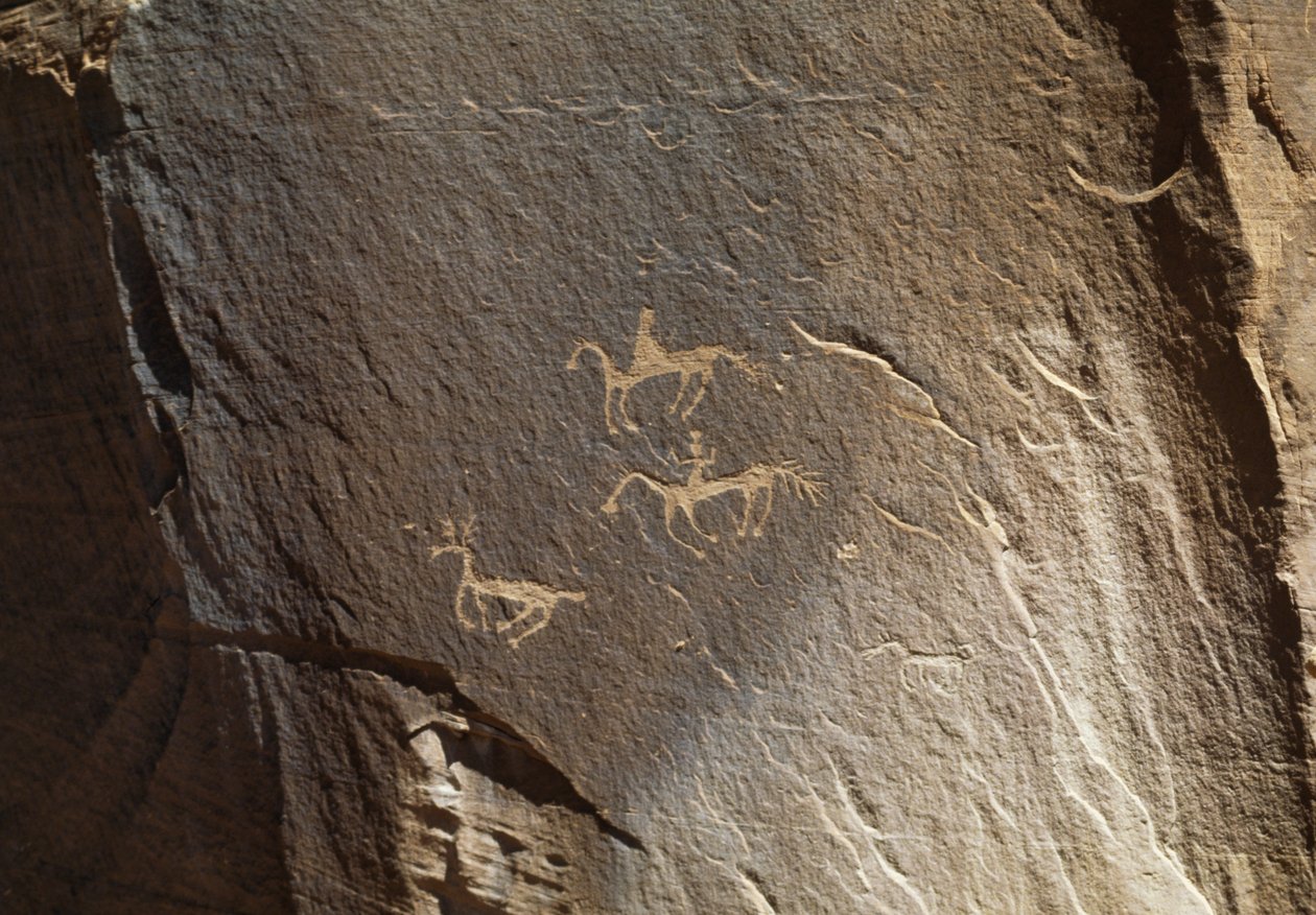 Jaktscen, hällristning, Ledge Ruin, Canyon de Chelly National Monument, Navajo Indian Reservation, Arizona, USA (foto) av Benjamin Baud