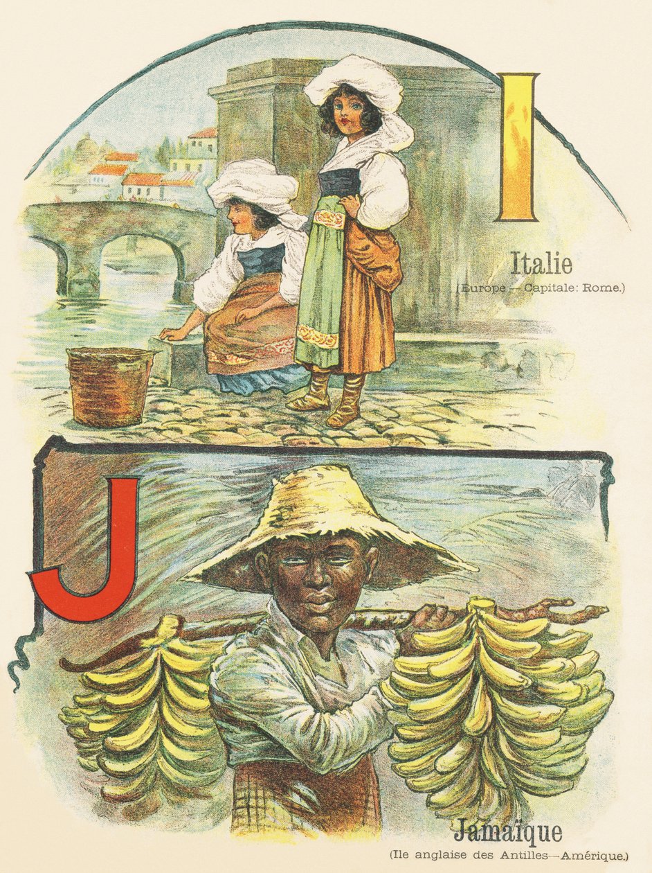 I J: Italien, Jamaica - ABC för de två världarna. Emile Guerin, förlag, Paris, omkring 1900. Mått: 27,5 x 21,5 cm av Unbekannt