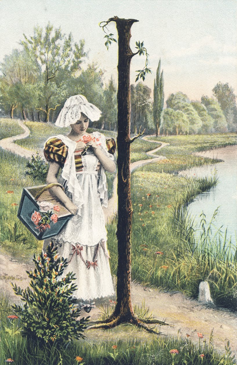 I: En stående kvinna i klänning, förkläde och huvudbonad håller en korg på sin högra arm. Landsdekor - Alfabettecken Ref Th. E., L. Theochrom - Serie 994. Theodor Eisman, förläggare, Leipzig av Unbekannt