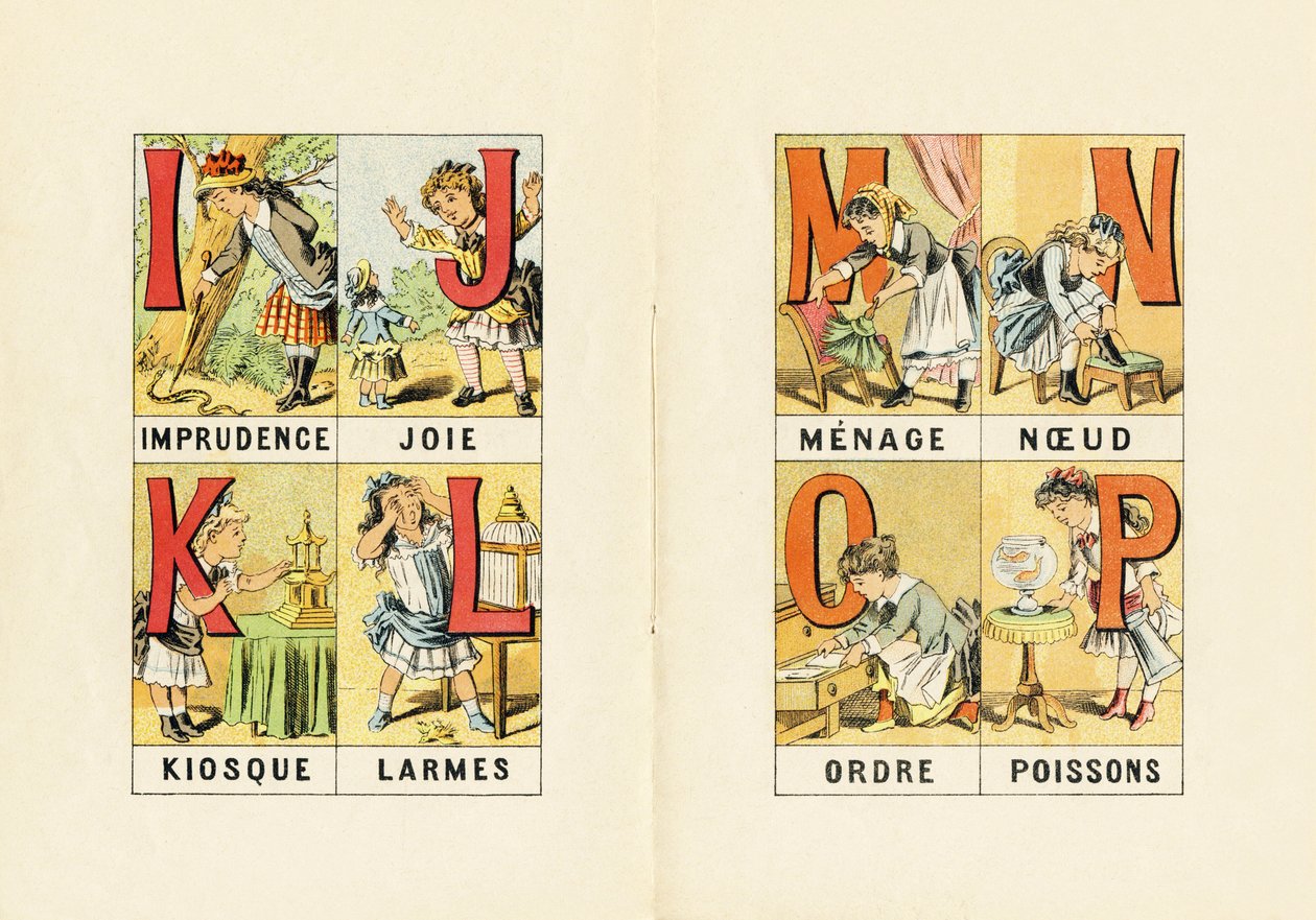 I: hänsynslöshet; J: glädje; K: kiosk; L: tårar; M N O P: hushåll, knut, ordning, fisk - Gravyr hämtad från ABCD av små flickor. Pellerin & Cie, tryckare-förlag, Epinal, omkring 1890. Serie A. Mått: 19 x 13,5 cm. av Unbekannt