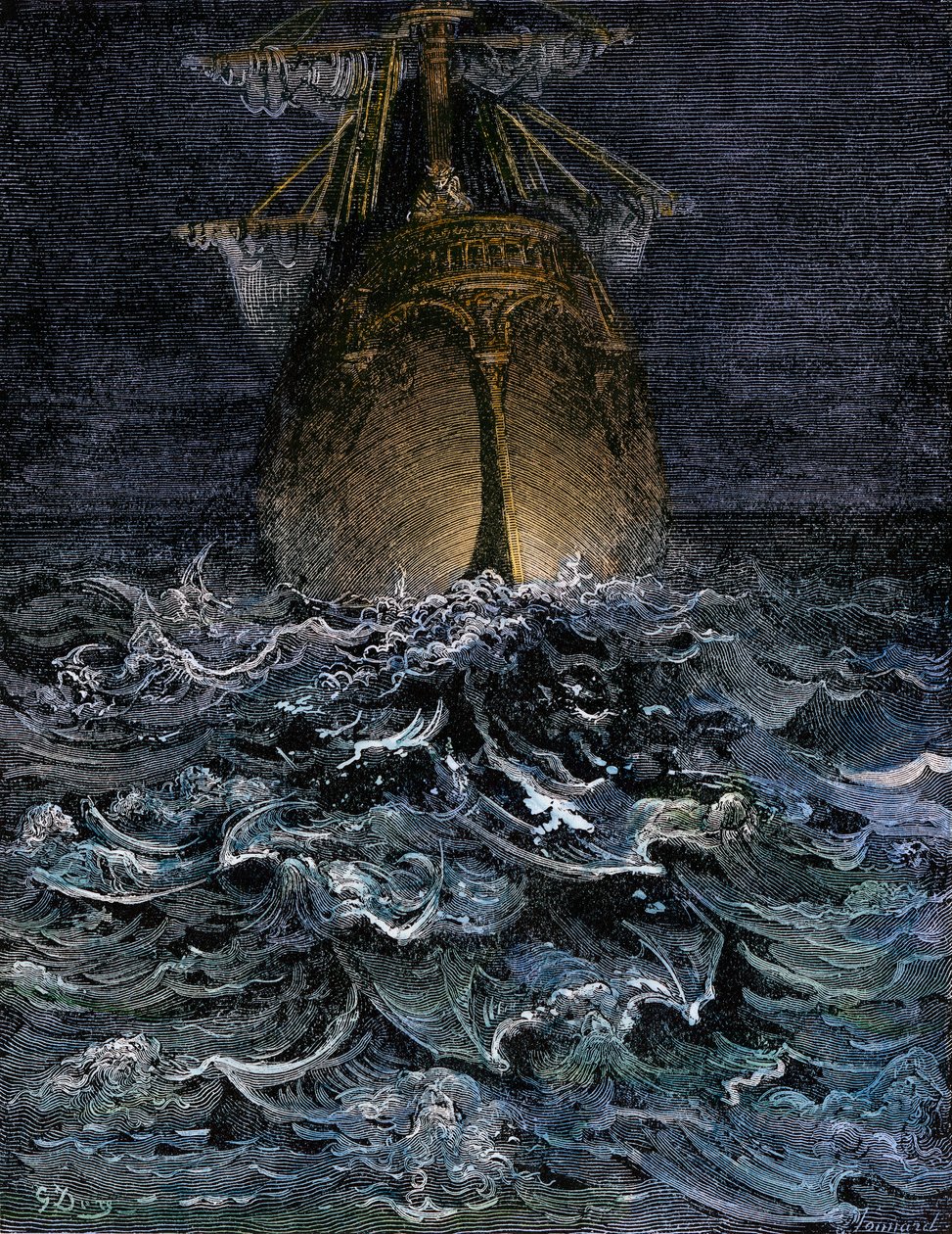 Jag såg havet i förruttnelse, skrovet av ett skepp på havet på natten - Illustration av Gustave Dore (1832-1883) till "La Lournte du vieux sailor" av Samuel Taylor Coleridge (1772-1834) - Kolorerad gravyr av Unbekannter Künstler