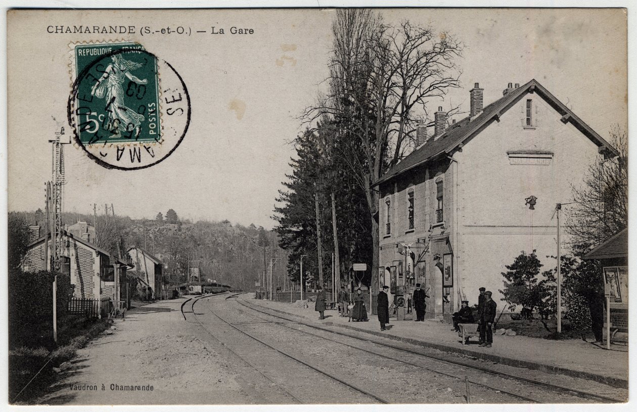 Ile de France, Essonne (91), Chamarande: utsikt över tågstationen - Vykort daterat 1908 av William M. Timlin