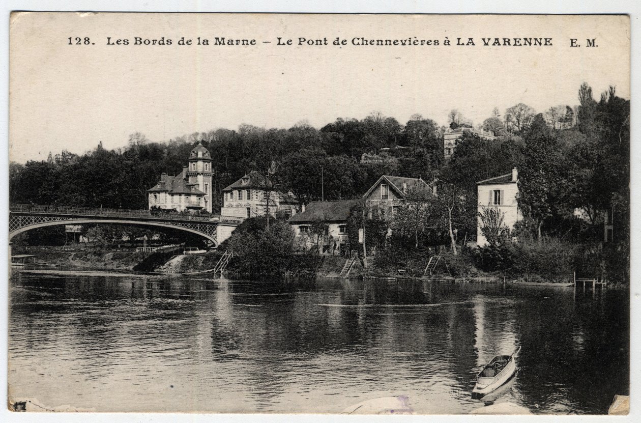 Ile de France, Val de Marne (94), La Varenne: stranden av Marne och bron Chennevieres, med chateau des Rets - Vykort daterat 1910-1919 av Unbekannt