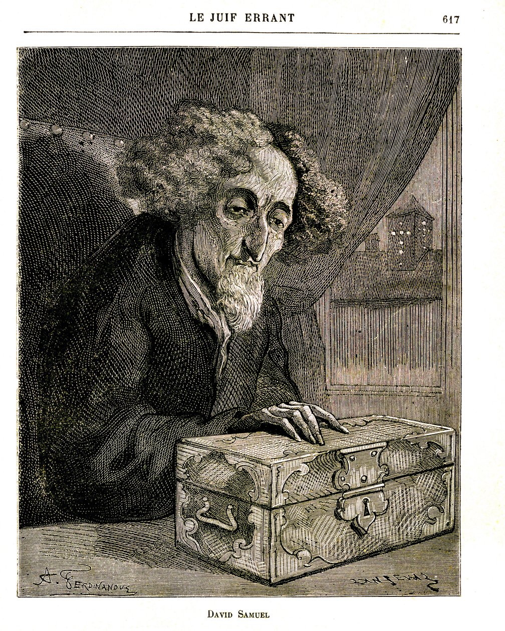 Illustration av Eugene Sues roman "Den vandrande juden"" - Gravyr av FERDINANDUS i Jules Rouff-utgåvan 1883. David Samuel, väktaren av familjen De Renneponts egendom, med kassetten (kistan) som innehåller värdepapper, aktier, växlar av Unbekannt