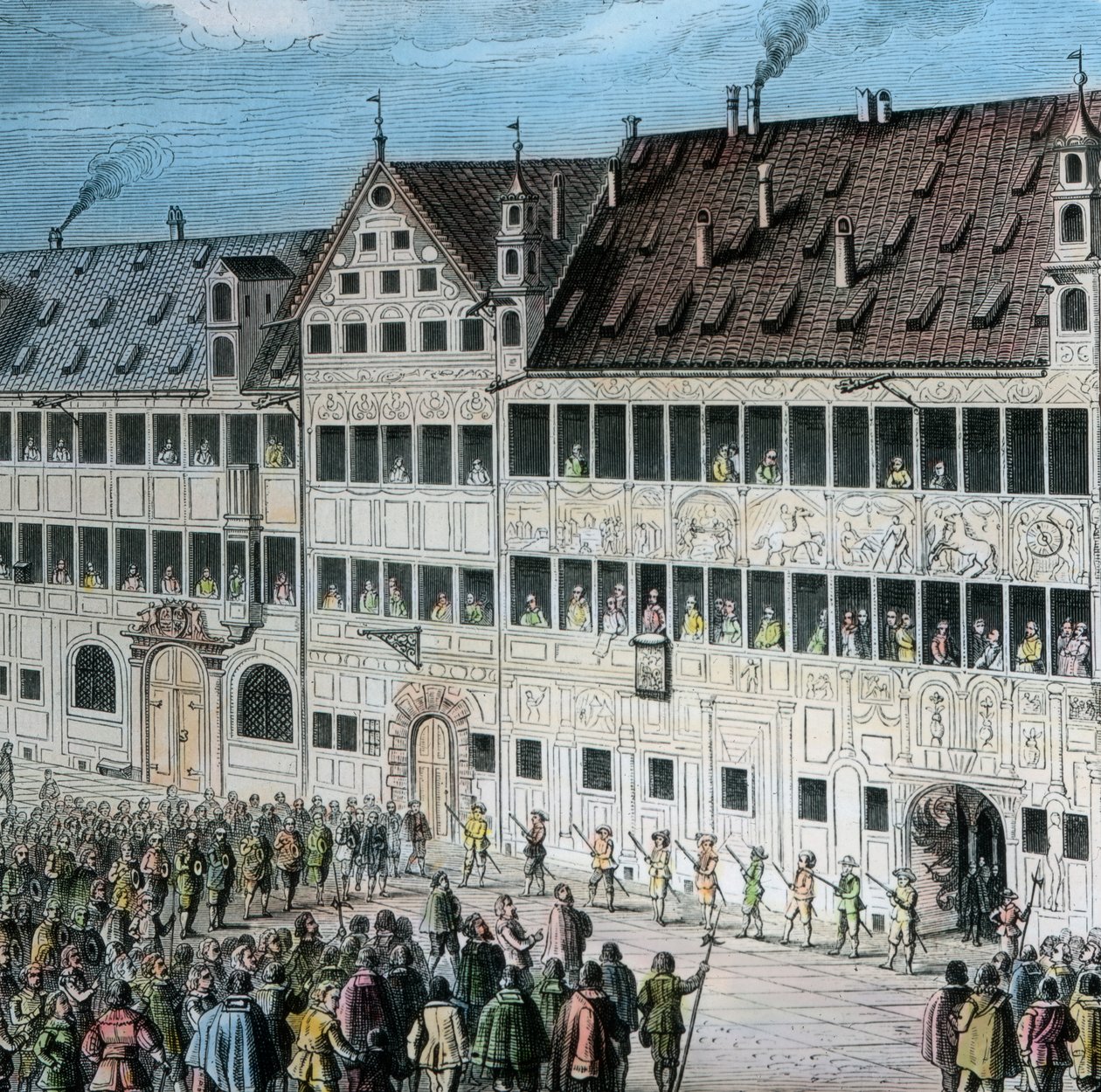 Framför Fuggerhuset på Weinmarkt i staden Augsburg hyllar folket den svenske kungen Gustav Adolf av Unbekannter Künstler
